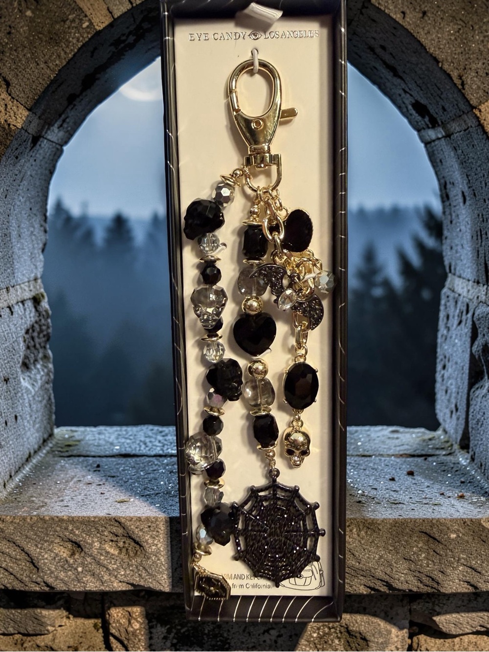 Eye Candy NWT Gothic Skull Whimsicore Black & Gold Beaded Bag Keychain Charm 171